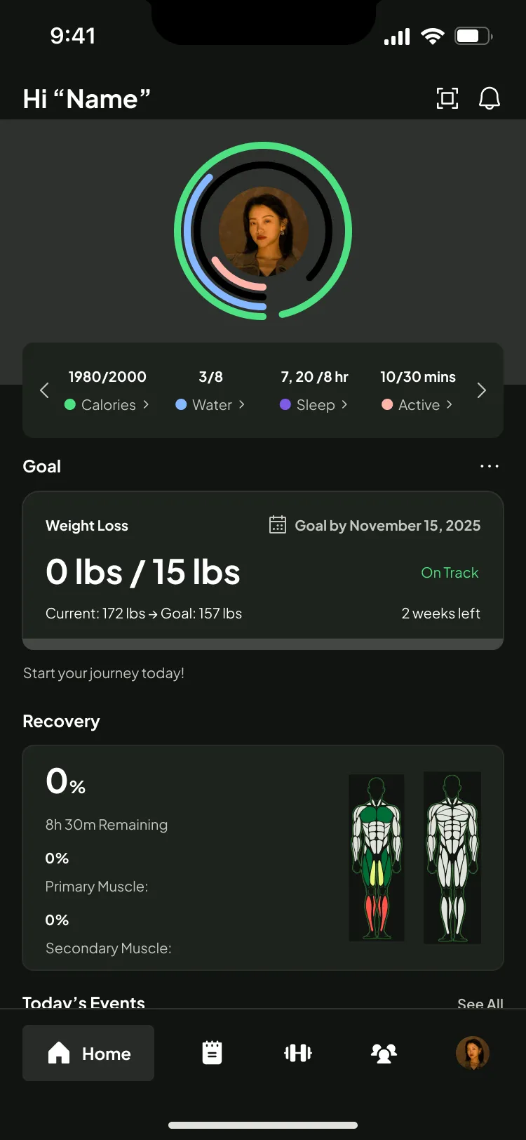 FitStack mobile app interface showing fitness tracking
