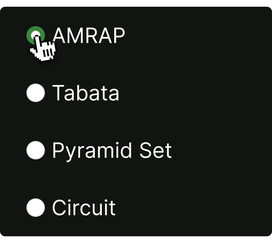 FitStack workout types - AMRAP, Tabata, Pyramid Set, Circuit